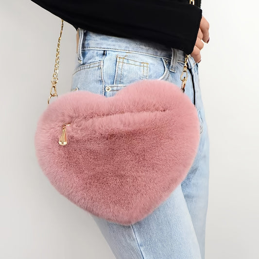 Heart Shaped Fluffy Shoulder Bag - Fashion Chain Crossbody Purse for Valentine's Day