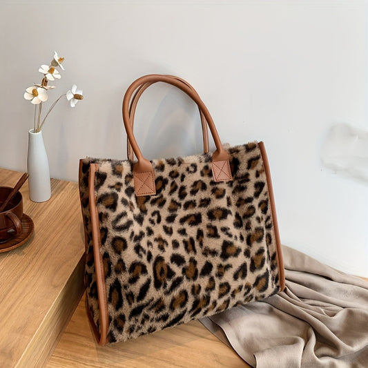 Fashion Leopard Pattern Tote Bag - Trendy Fluffy Casual Handbag & Purse