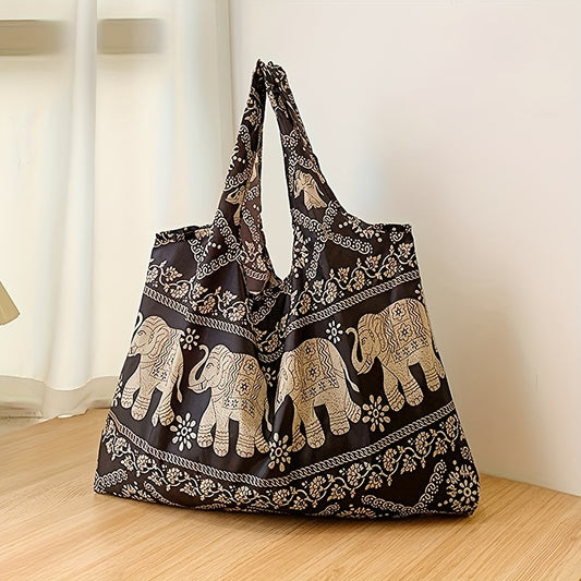 Elephant Pattern Shopping Bag - Vintage Folding Large Capacity Tote Bag